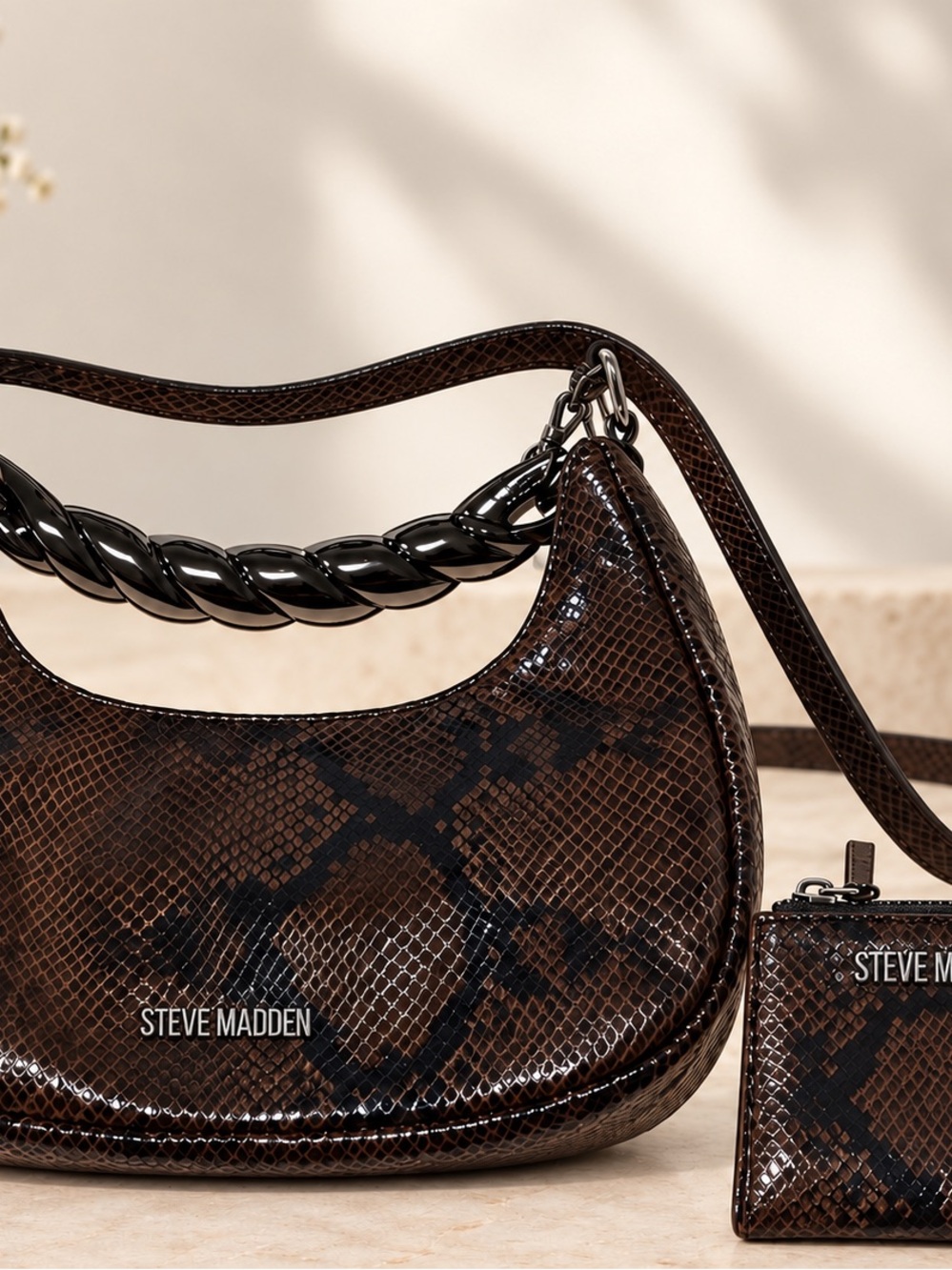 Steve Madden Dark Brown Snake-Print Shoulder Bag with matching wallet